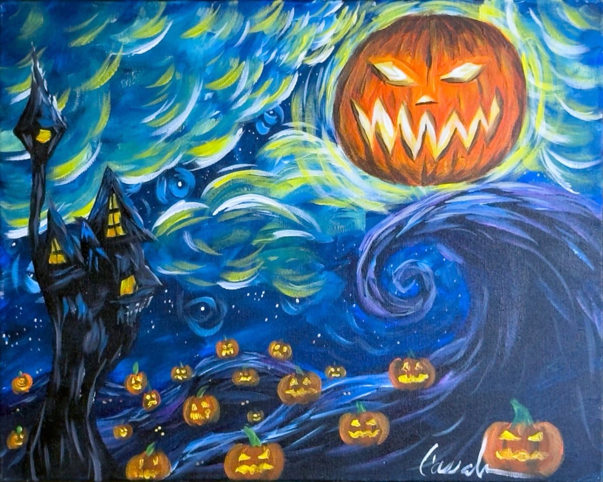 Haunted house, swirling night sky, and glowing jack-o’-lantern moon – Starry Nightmare painting at Wine & Canvas Toledo