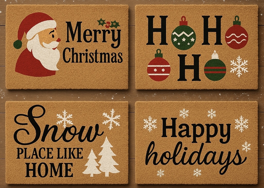 Festive painted doormats featuring cheerful holiday designs, like Santa, ornaments, snowflakes, and “Merry Christmas” messages — sample inspiration for Wine & Canvas Toledo’s DIY Doormat Painting Party.