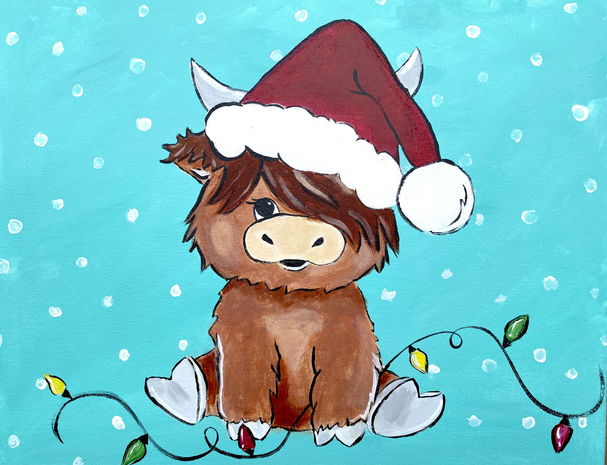 A cute fluffy cow wearing a Santa hat surrounded by colorful Christmas lights and snowflakes – Wine & Canvas Toledo painting “Fluffy Cow Christmas”