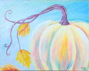 Pastel pumpkin with a purple stem and swirling yellow leaves on a sky blue background, cheerful autumn art – Pastel Pumpkin Paint & Sip at Wine & Canvas Toledo
