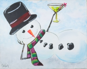 A playful snowman in a top hat holding a martini glass with a candy cane garnish – Wine & Canvas Toledo painting “Martini Snowman”
