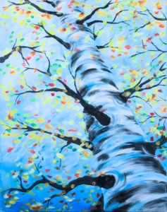 A tall birch tree with colorful autumn leaves against a bright blue sky – Wine & Canvas Toledo painting “Birch Blossom”