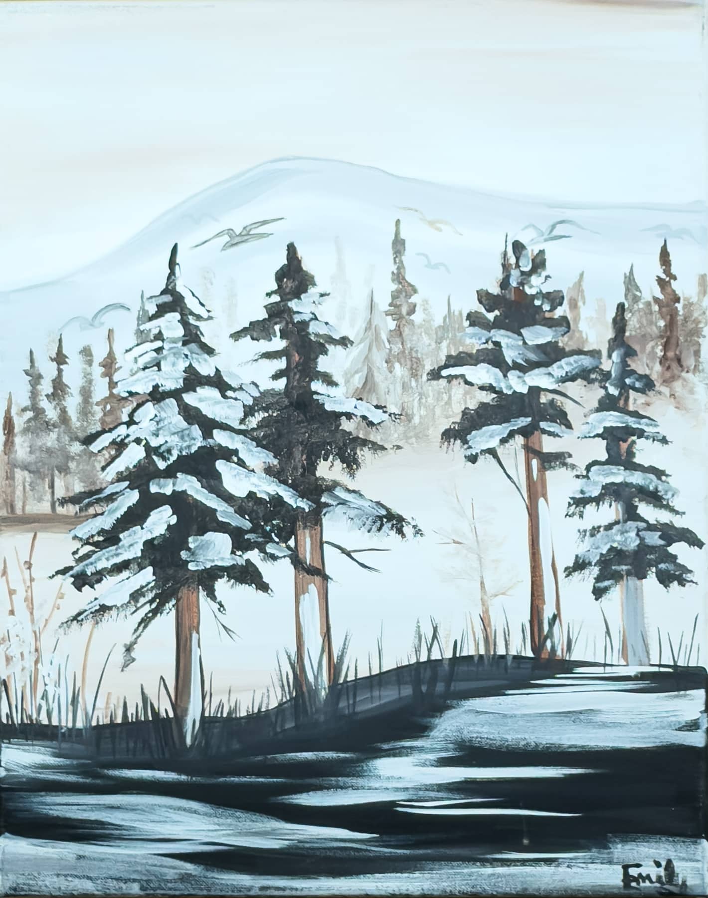 A tranquil forest landscape with snow-covered pine trees and distant mountains painted in warm neutral tones – Wine & Canvas Toledo painting “Forest Scene”