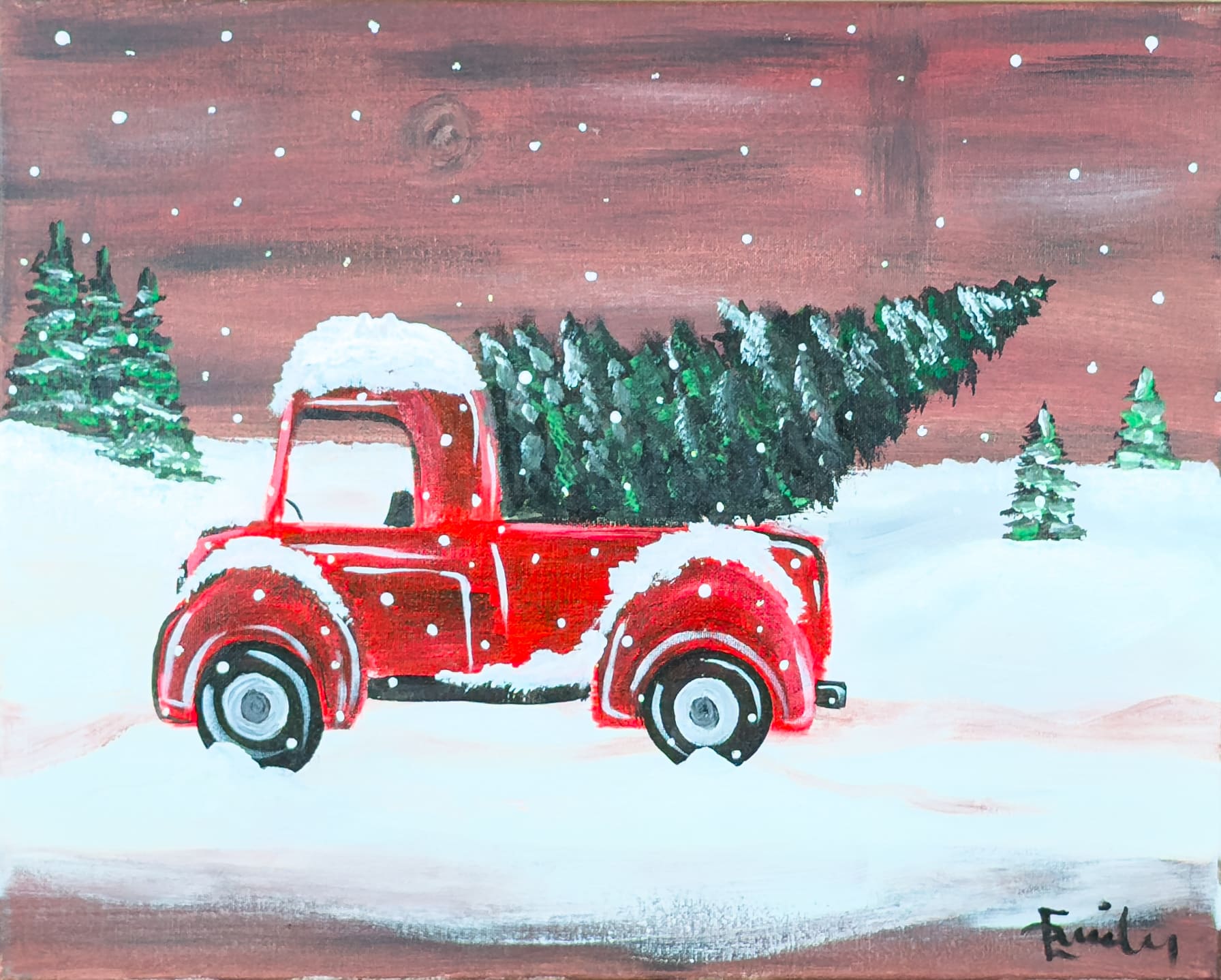 Festive red truck carrying a Christmas tree through a snowy winter scene — sample of the “Special Delivery” painting at Wine & Canvas Toledo.