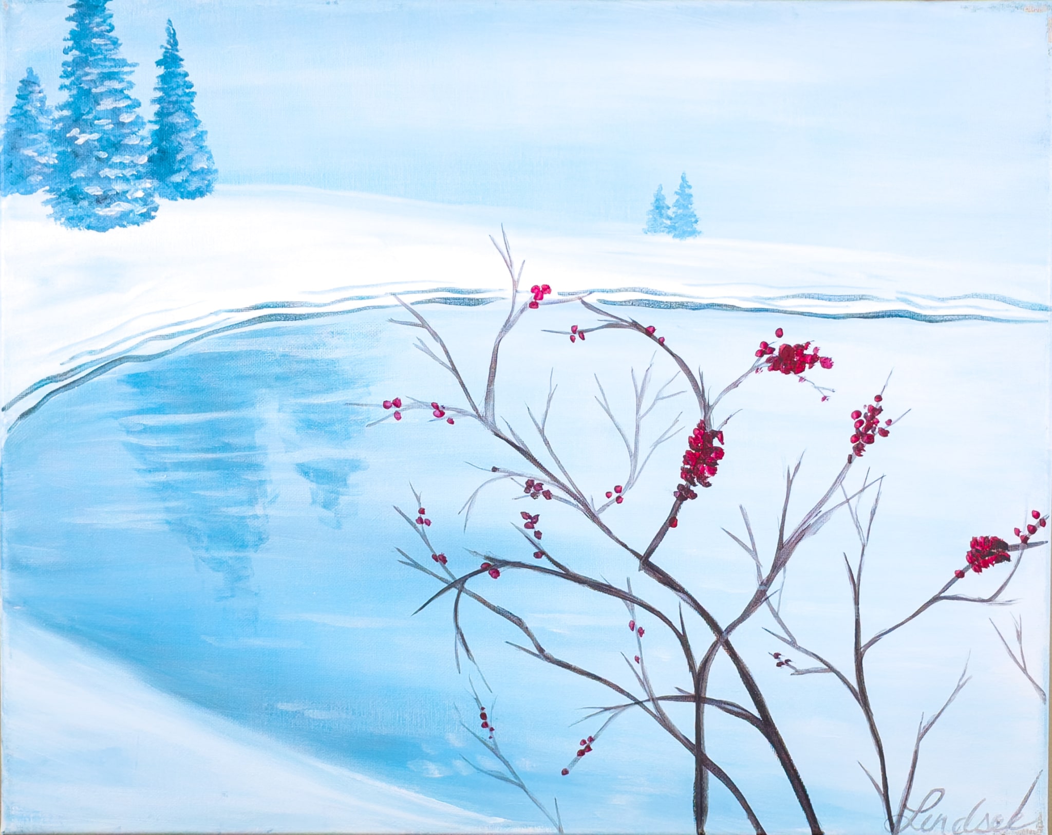 Winter landscape painting of red berries by a frozen lake with snow-covered trees — sample from the Winter Berries Paint & Sip Party at Wine & Canvas Toledo.