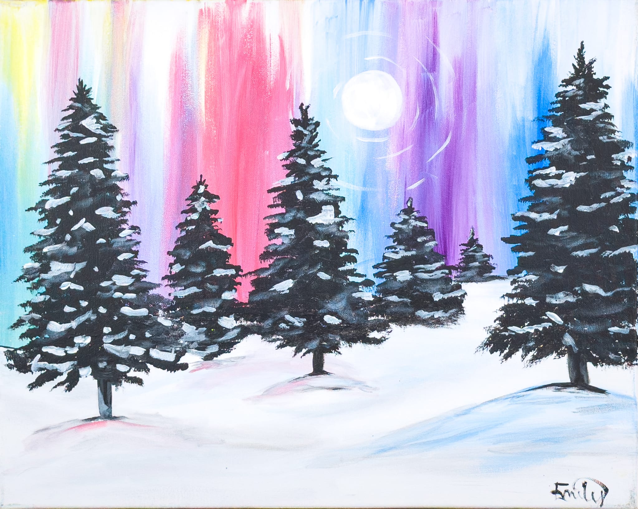 Winter landscape painting featuring snow-covered pine trees and a colorful aurora sky – Colors of Winter by Wine & Canvas Toledo.