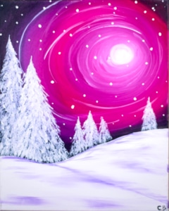 Snow-covered pine trees under a glowing pink and purple winter sky — “Snowy Pines” painting featured at Wine & Canvas Toledo.