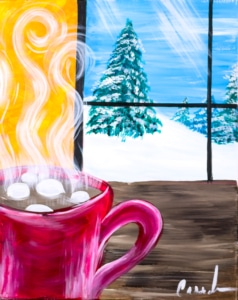 Winter painting of a red mug of hot cocoa with marshmallows beside a snowy window scene for Wine & Canvas Toledo’s Paint and Sip Party.