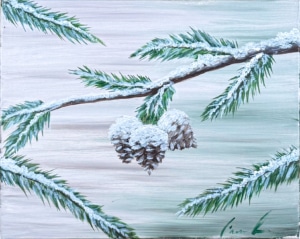Winter painting of snow-covered pine branches and two pinecones hanging from a branch, with soft green and gray tones creating a peaceful, frosty atmosphere.