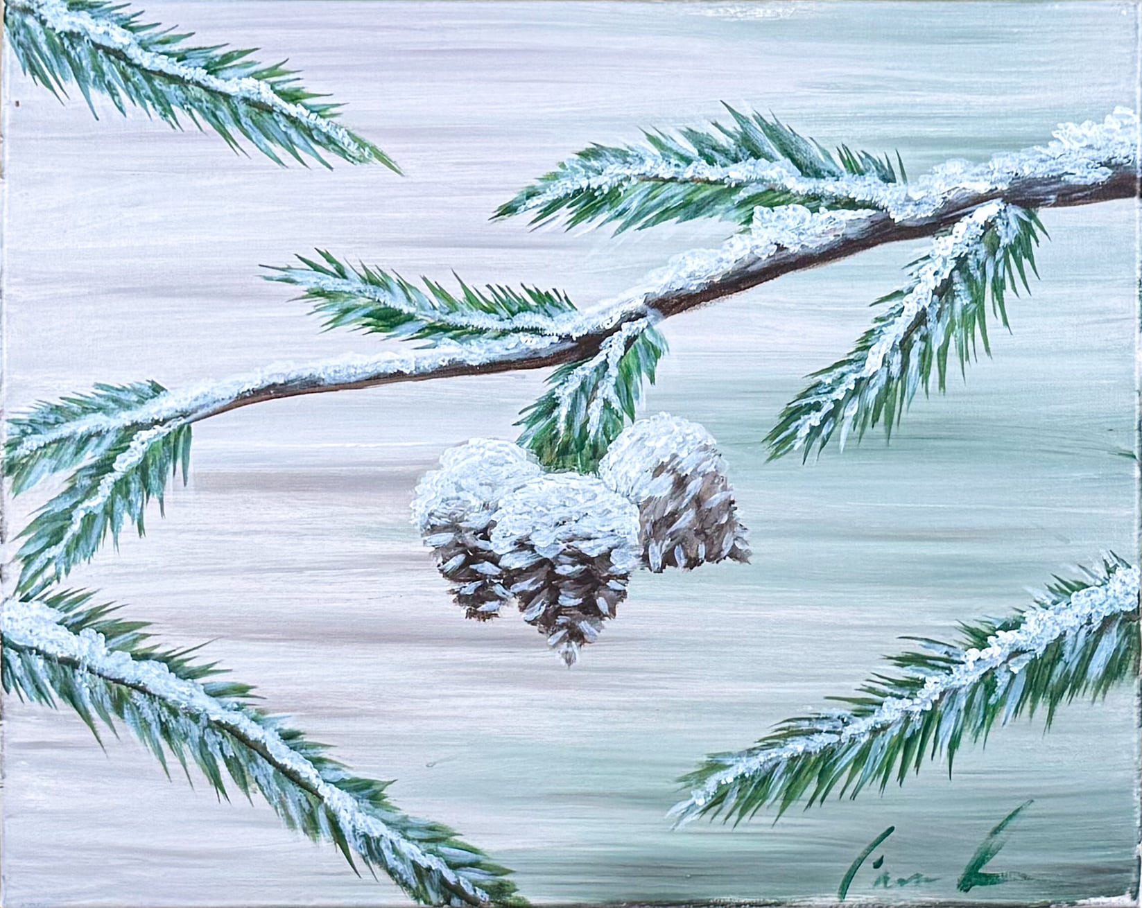 Winter painting of snow-covered pine branches and two pinecones hanging from a branch, with soft green and gray tones creating a peaceful, frosty atmosphere.