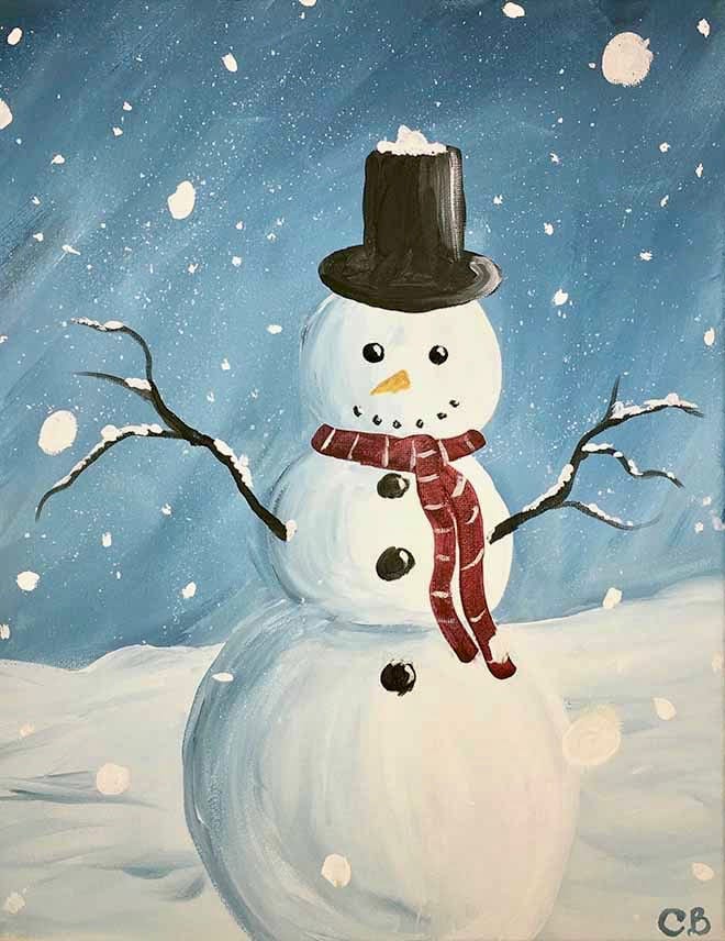 A smiling snowman with a red scarf and top hat painted against a snowy blue winter sky – Wine & Canvas Toledo painting “Snow Day Gentleman”