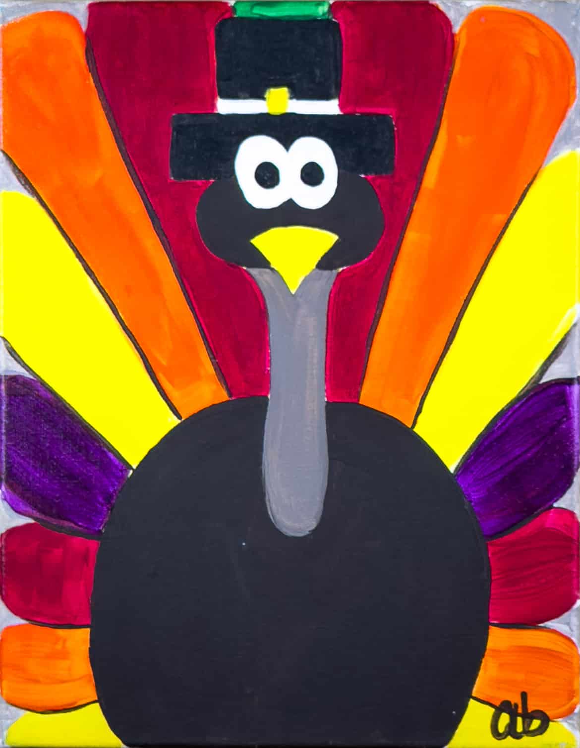 Kids’ painting of a colorful “Thankful Turkey” with pilgrim hat and bright feathers on an 8×10 canvas at Wine & Canvas Toledo.