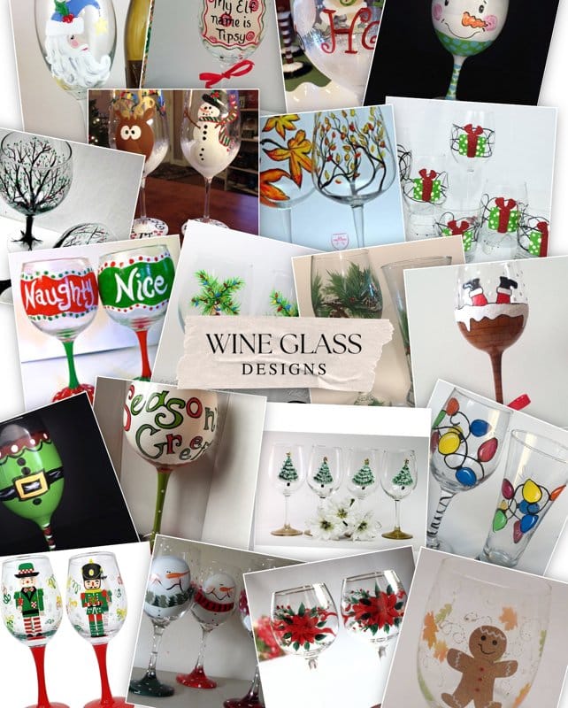 Christmas and holiday-themed painted wine glass designs for the Toledo Wine & Canvas Paint and Sip Party.