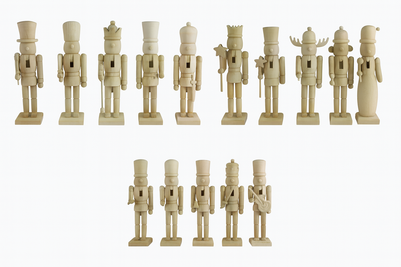 Image of fifteen unpainted 6-inch wooden nutcrackers displayed in a row for the Paint Your Own Nutcracker Cookies & Canvas event.