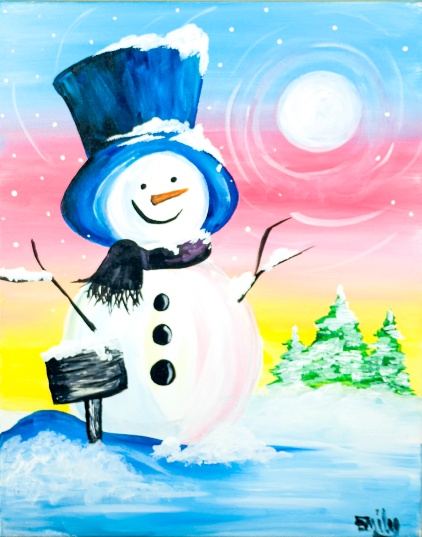 A cheerful snowman wearing a blue top hat and black scarf stands beside a mailbox in a snowy landscape, with evergreen trees and a colorful pink, yellow, and blue sunset sky in the background.