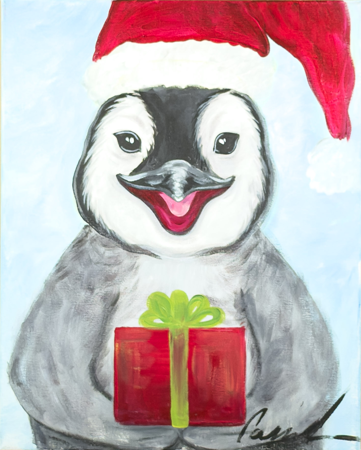 Festive painting of a smiling penguin wearing a Santa hat and holding a red gift with a green bow for Wine & Canvas Toledo’s Christmas Paint & Sip Party.