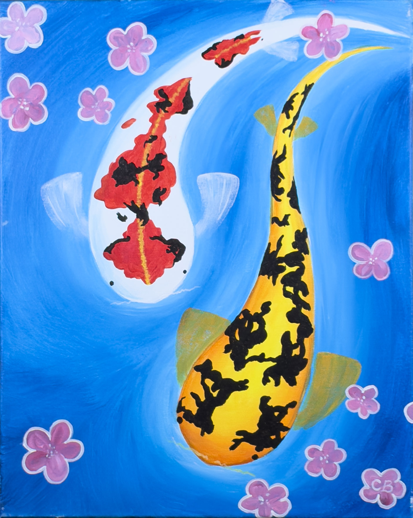A bright, colorful painting of two koi fish swimming in vibrant blue water. One koi is white with red and black markings, and the other is yellow with black markings. Soft pink cherry blossoms float around them, creating a peaceful, decorative scene.