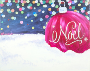Painting of a red Christmas ornament with the word “Noel” resting in the snow with colorful holiday lights glowing in the background.