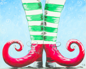 Painting of bright red elf shoes with curled toes and green-striped legs against a snowy blue winter background, created for a Twinkle Toes Paint & Sip Party.