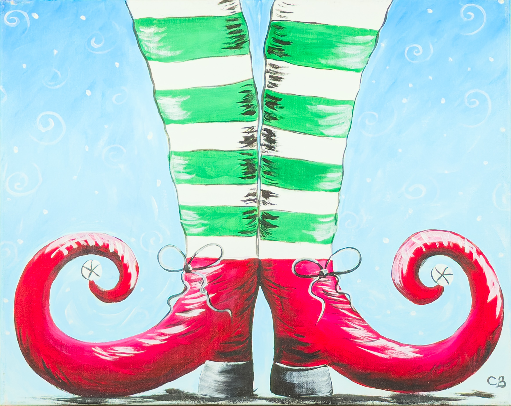 Painting of bright red elf shoes with curled toes and green-striped legs against a snowy blue winter background, created for a Twinkle Toes Paint & Sip Party.