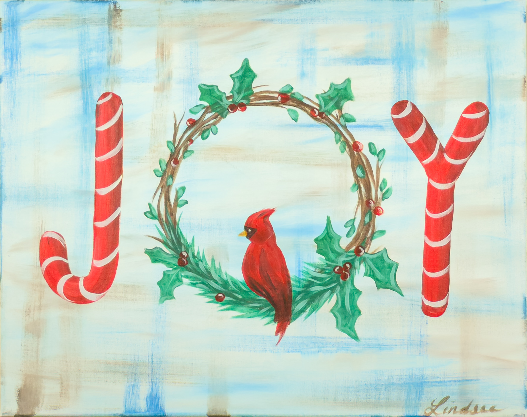 Christmas Joy painting featuring candy-cane letters, a holiday wreath, and a red cardinal on a wintery blue background.