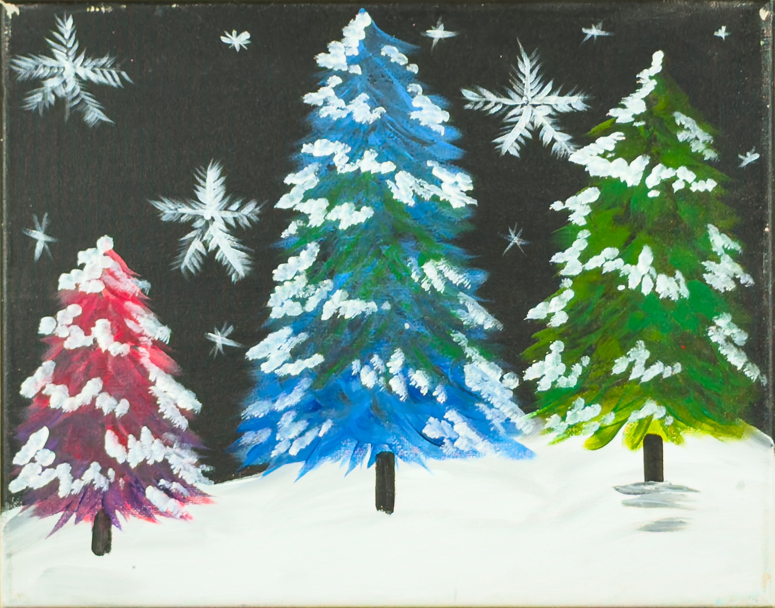 Painting of three frosted evergreen trees covered in snow against a soft, wintry sky for the Frosted Evergreen Trio Paint & Sip Party.