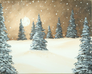 Acrylic painting of snow-covered pine trees on rolling hills under a glowing full moon with falling snow and a warm sepia night sky.