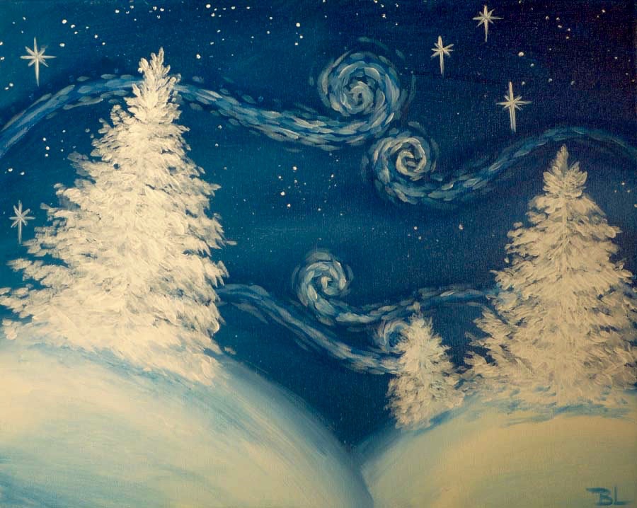 Winter landscape painting featuring snowy white pine trees on rolling hills beneath a deep blue night sky. Swirling starry patterns inspired by “Starry Night” drift across the sky, along with bright, glowing stars.