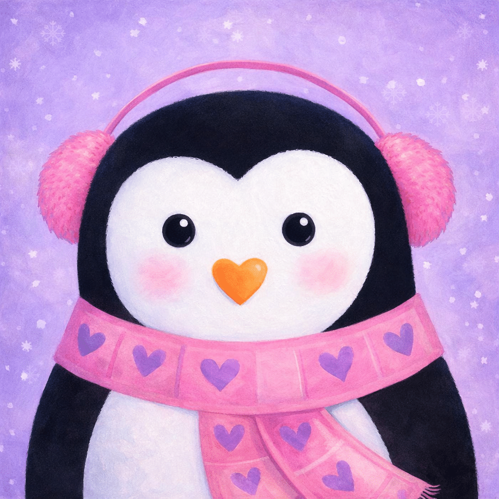 Chilly Penguin painting of a cute penguin wearing pink earmuffs and a heart scarf on a snowy purple background at a Toledo Cookies and Canvas event.