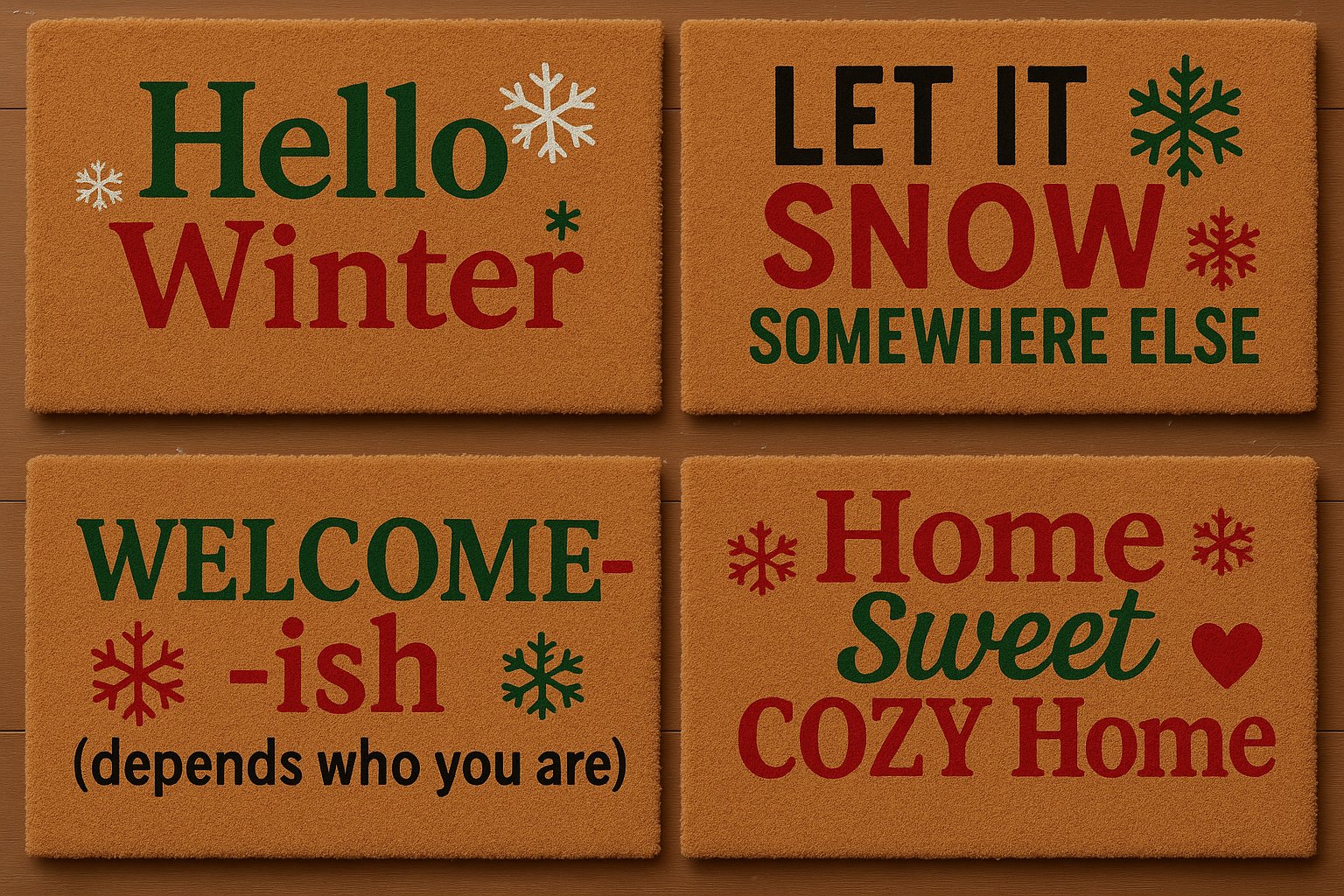 Four hand-painted winter-themed DIY doormat designs with festive holiday sayings, created at a Toledo Paint and Sip Party.