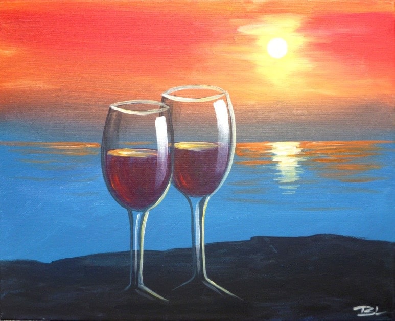 Two wine glasses filled with red wine at sunset overlooking calm blue water, painted canvas for a Monroe paint and sip party