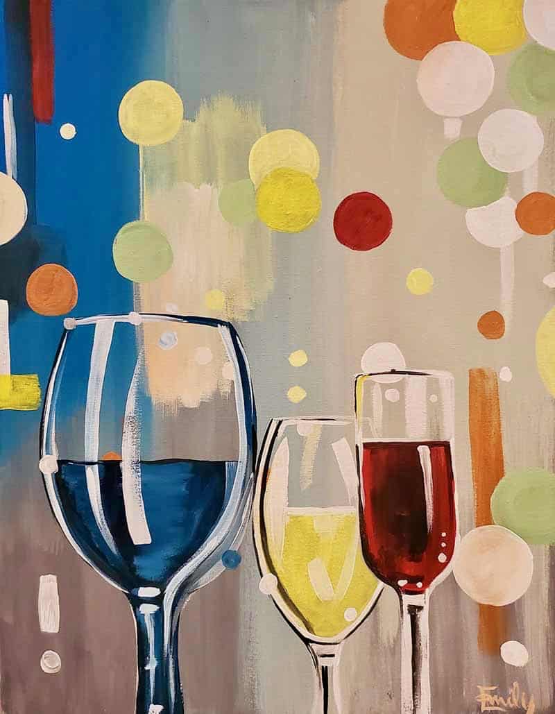 A modern abstract painting featuring three colorful wine glasses with bright circular accents in the background.
