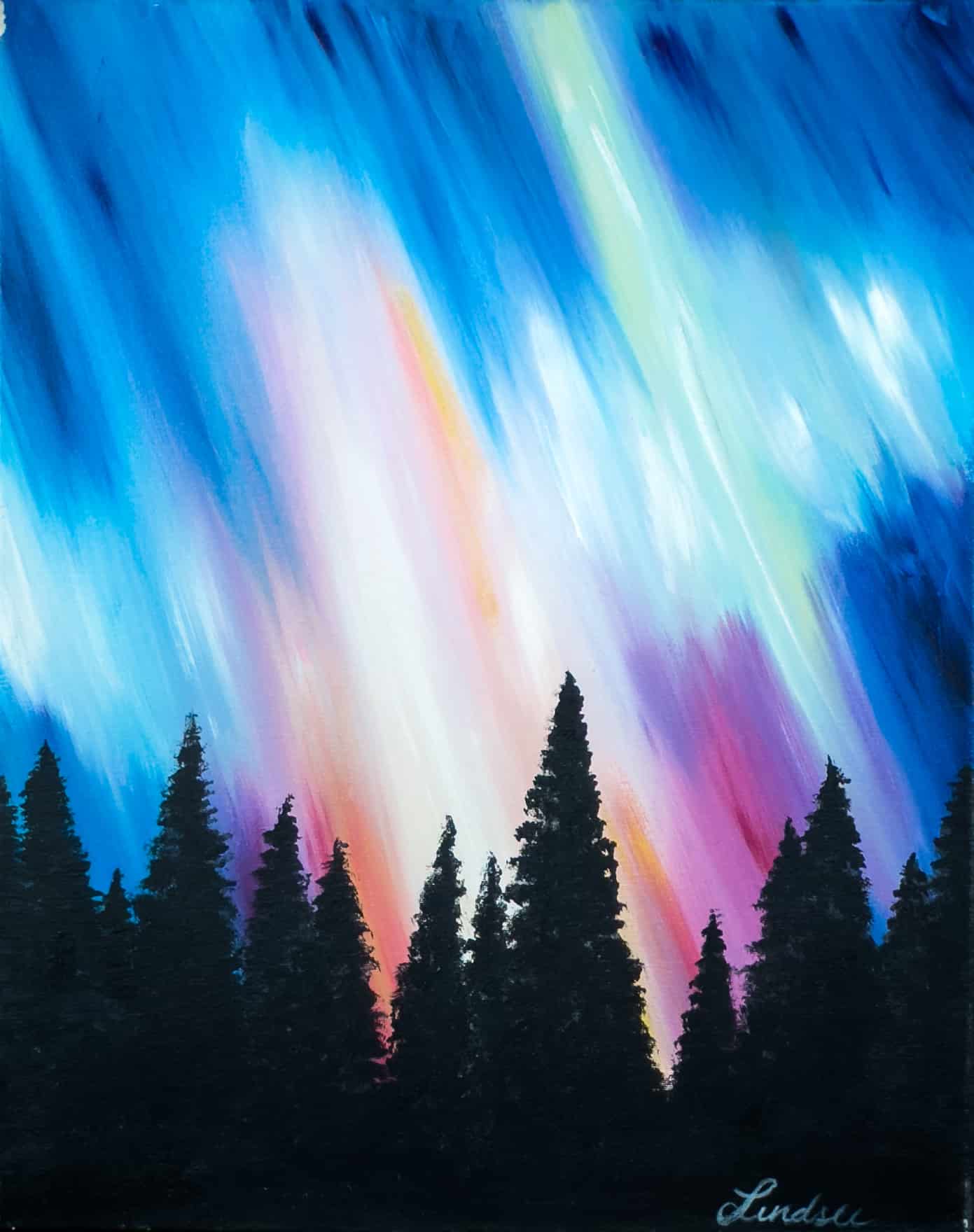 Northern Glow painting featuring colorful aurora lights streaking across the night sky above dark evergreen trees at a Graytown Paint and Sip Party.