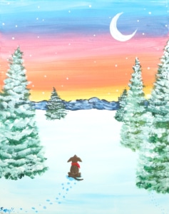 A winter painting of a dog walking through snowy trees toward a pastel sunset sky and crescent moon.