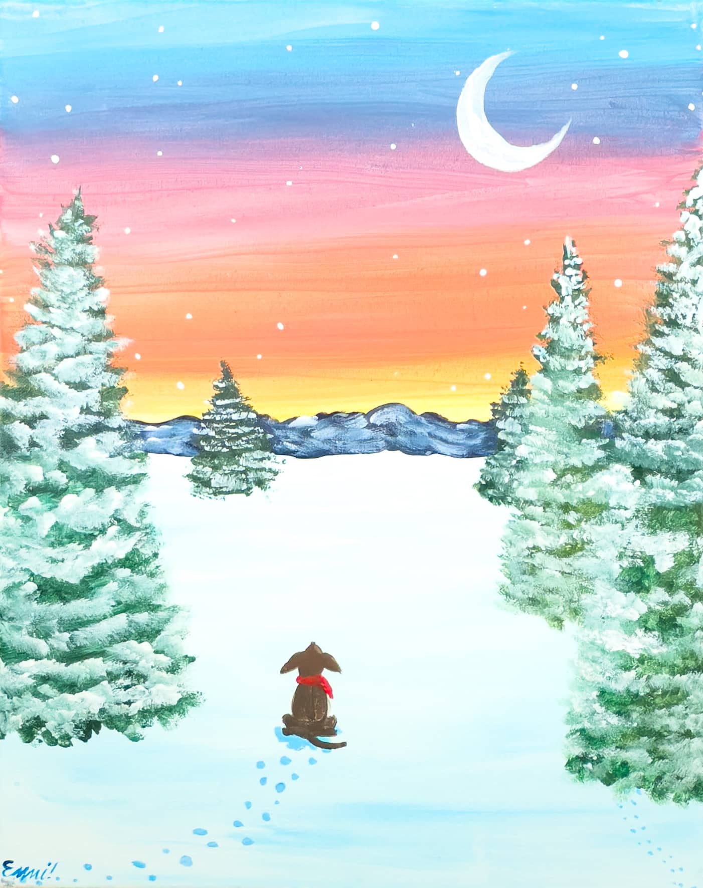 A winter painting of a dog walking through snowy trees toward a pastel sunset sky and crescent moon.