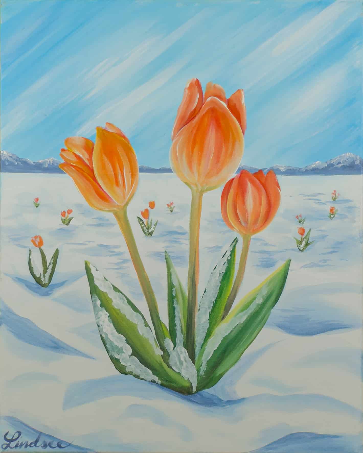 Snowbound Blooms painting featuring bright orange tulips emerging through snow against a soft winter landscape at a Toledo Paint and Sip Party.