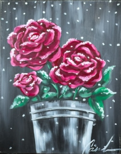 Snow-Kissed Roses painting featuring deep red roses dusted with snow in a gray planter against a dark winter background at a Toledo Paint and Sip Party.