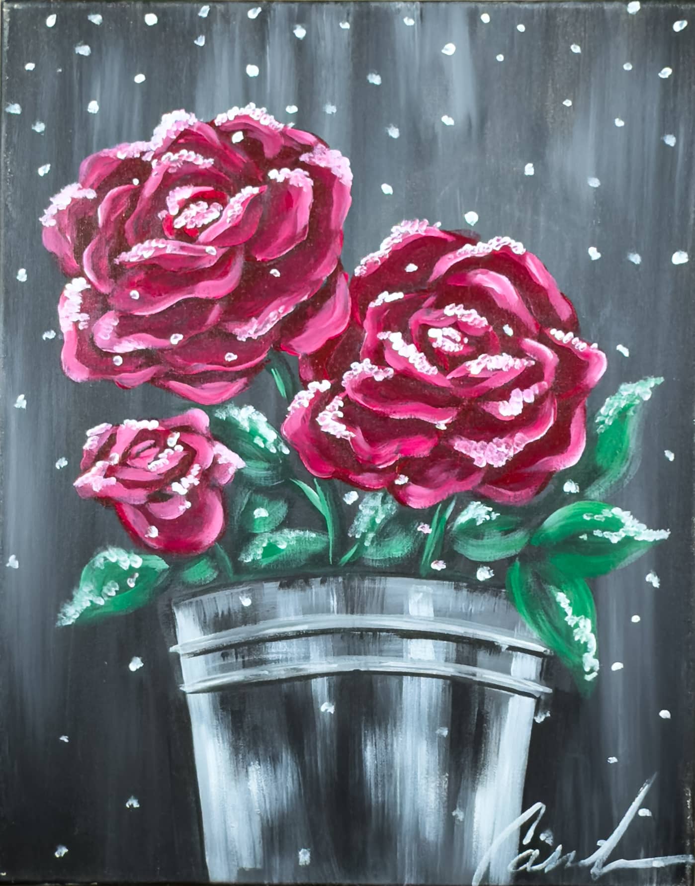 Snow-Kissed Roses painting featuring deep red roses dusted with snow in a gray planter against a dark winter background at a Toledo Paint and Sip Party.