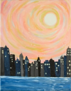 Painting of a glowing swirling winter sky over a dark city skyline with bright windows and water in the foreground.