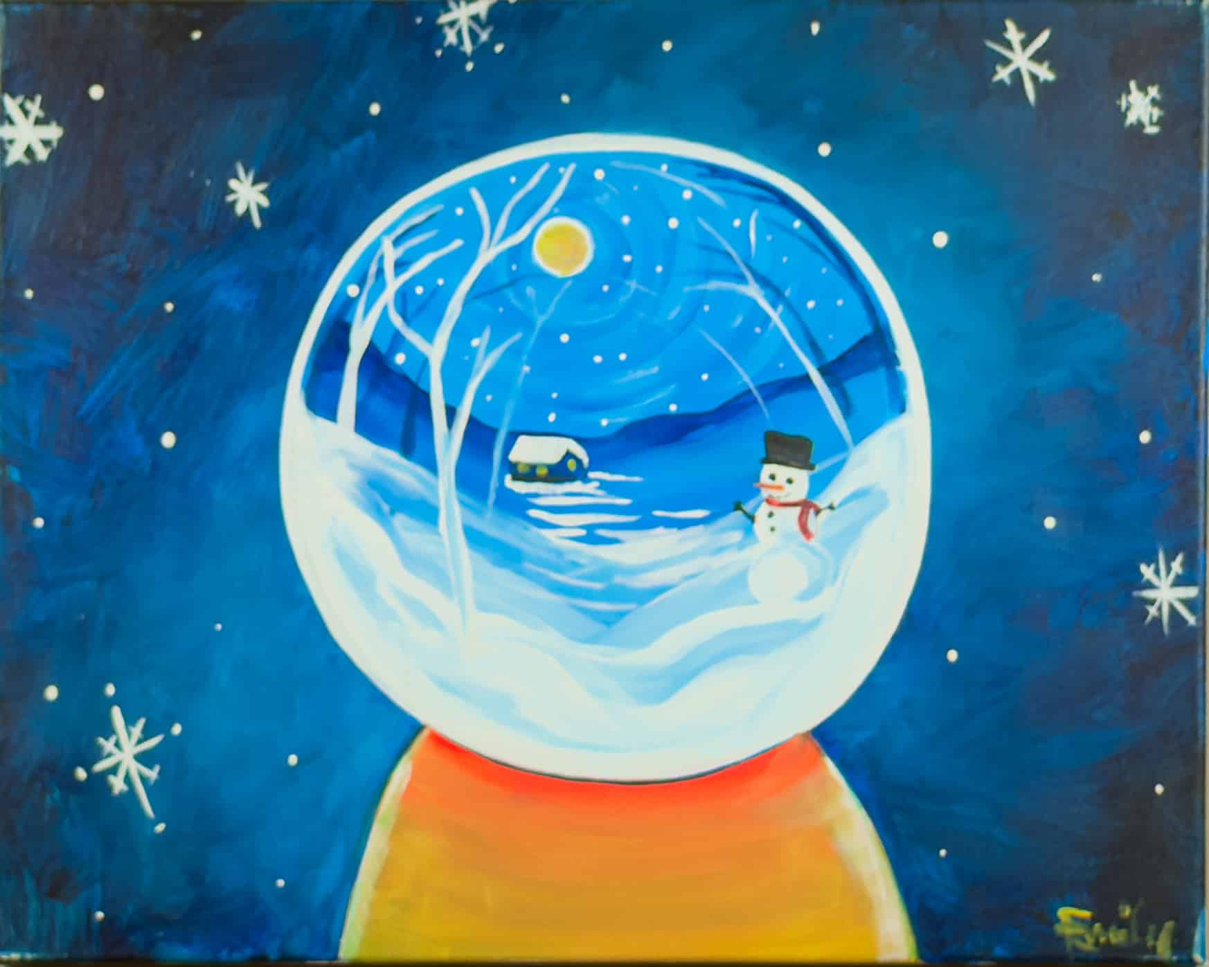 A painting of a glowing snow globe with a snowy landscape, a cabin, and a snowman set against a deep blue winter sky.