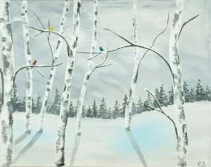 Painting of a snowy birch tree forest with three colorful birds perched on branches against a soft gray winter sky.