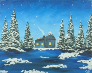 Painting of a glowing cabin surrounded by snowy pine trees under a bright blue winter night sky.