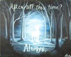 A glowing white doe stands in a moonlit winter forest with the words “After all this time? Always.” painted above and below