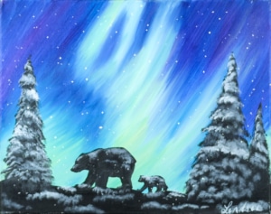 Mama bear and cub silhouettes walking through a snowy forest beneath a glowing aurora sky at a Toledo Paint and Sip Party.