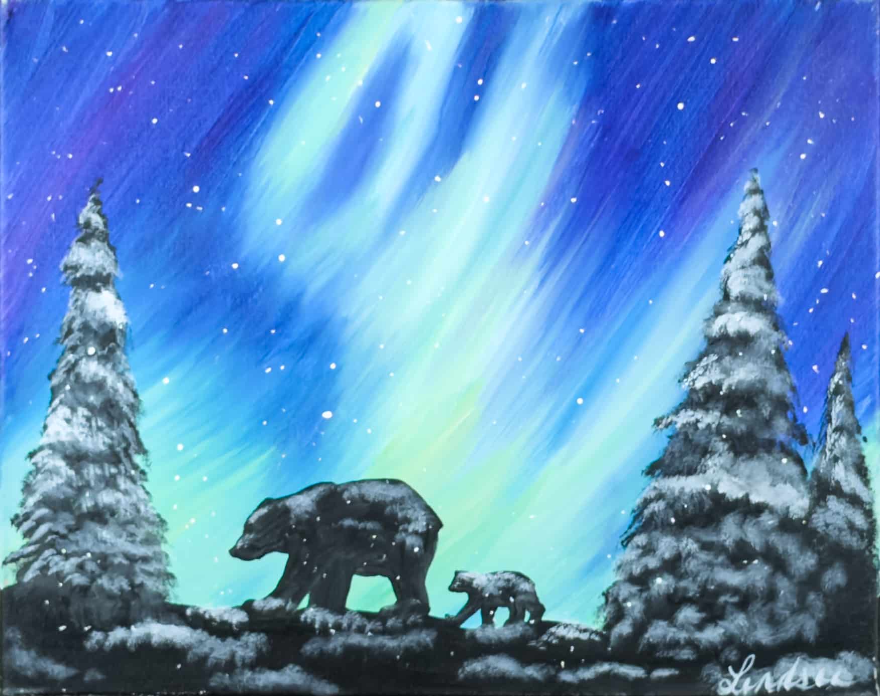 Mama bear and cub silhouettes walking through a snowy forest beneath a glowing aurora sky at a Toledo Paint and Sip Party.