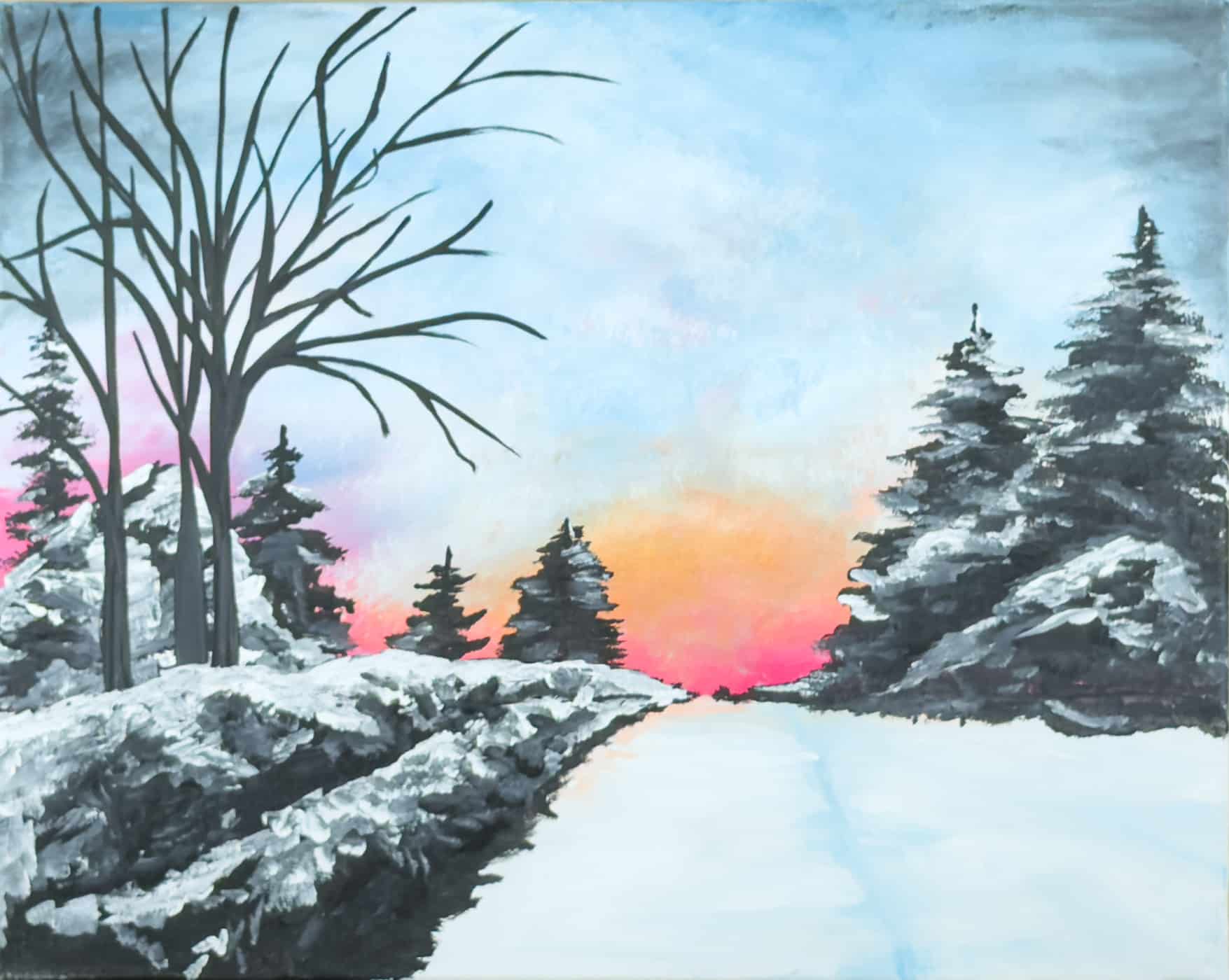 Soft Winter Sky painting featuring a snowy path lined with evergreen trees under a pastel sunset sky at a Toledo Paint and Sip Party.
