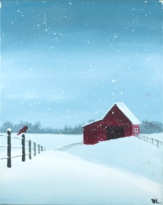 Winter farm painting with a red barn, snow-covered fields, falling snow, and a cardinal perched on a fence at a Toledo Paint and Sip Party.