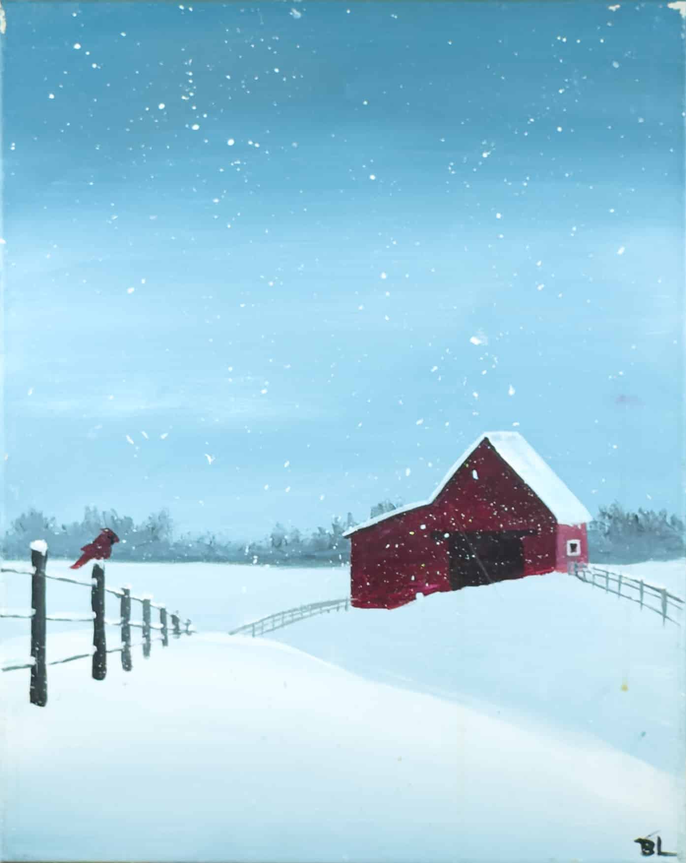 Winter farm painting with a red barn, snow-covered fields, falling snow, and a cardinal perched on a fence at a Toledo Paint and Sip Party.