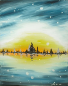 A glowing winter sunrise painting with silhouetted pine trees and snowy reflections on water.