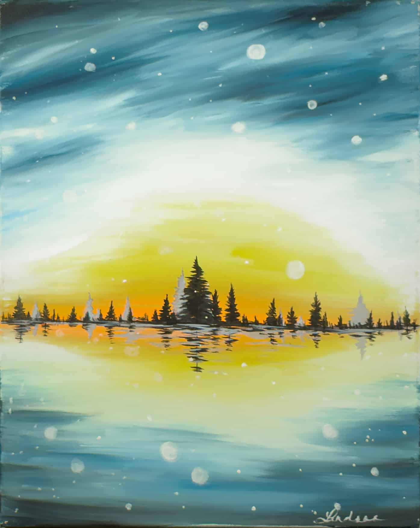 A glowing winter sunrise painting with silhouetted pine trees and snowy reflections on water.